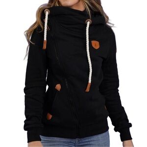 WANAKOME Hestia Asymmetrical S Black Cowl Neck Hoodie White Cord Brown Patch